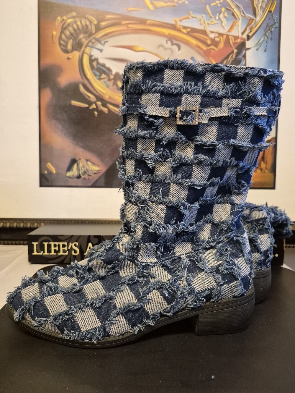 New Without Tags Blue Denim Fringe Boots W/Rhinestone Accents Size 9.5 - Picture 5 of 12